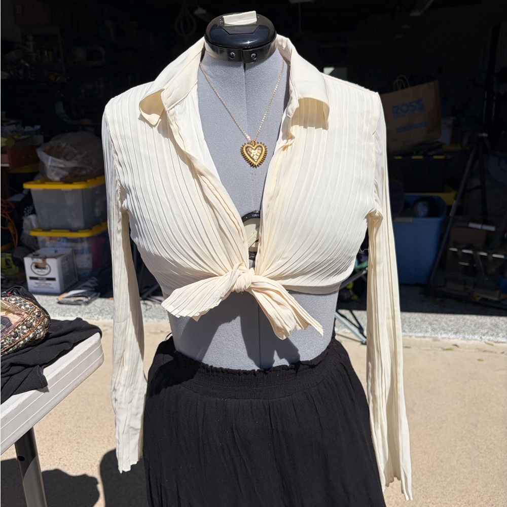 Urban Outfitters Cream Pleated Button Down Shirt